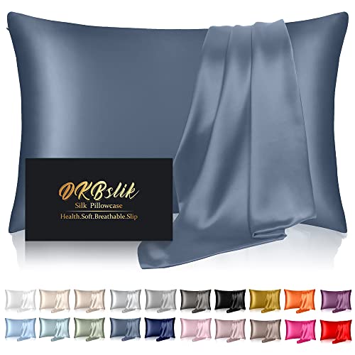 Silk Pillowcase for Hair and Skin, Mulberry Silk Pillow Cases Standard Size, Cooling Sleep Both Sides Natural Silk Satin Pillow Covers with Zipper, Gifts for Him Her Women Men, Ash Blue