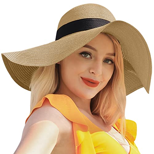 Beach Hats for Women - Sun Hat Womens UPF 50+, Packable Roll Up, Wide Brim Straw Women, Vocation, Cruise, Honeymoon, Travel,Khaki