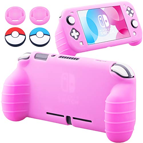 YoRHa Handle Grip Soft Silicone Rubber Protective Cover Case (Pink) x 1 and Thumbsticks x 4 for Nintendo Switch Lite [9.2019 Slim Model]