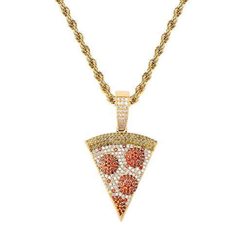 KMASAL Jewelry Hip Hop Iced Out Exquisite Pizza Pendant Chain Pave Colorful Diamond 18K Gold Plated Solid Back Necklace with 24 Inch Stainless Rope Chain for Men Women (gold)