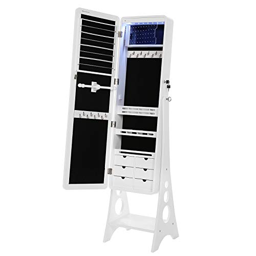 SONGMICS Jewelry Cabinet Armoire with 8 LED Lights, Frameless Beveled-Edge Mirror, Free-Standing, Large Capacity, 15 x 15.7 x 61.4 Inches, white