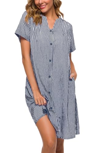 YOZLY House Dress Women Cotton Duster Robe Short Sleeve Housecoat Button Down Nightgown (Navy Blue, L)