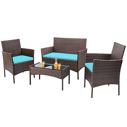Homall 4 Pieces Patio Rattan Chair Wicker, Outdoor Indoor Use Backyard Porch Garden Poolside Balcony Furniture Sets (Blue)