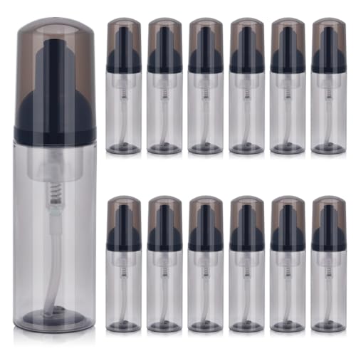 ASEVAT 12 Pcs/2 oz Empty Foaming Pump Dispenser Refillable Lash Shampoo Bottles with Pump Mini Foam Pump Bottle for Hand Soap, Lash Cleanser(Clear Black)