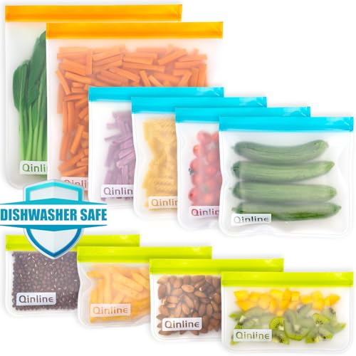 Qinline Reusable Food Storage Bags - 10 Pack Dishwasher Safe Freezer Bags, BPA Free Reusable Bags Silicone, Leakproof Reusable Lunch Bag for Salad Fruit Travel - 2 Gallon 4 Sandwich 4 Snack Bags