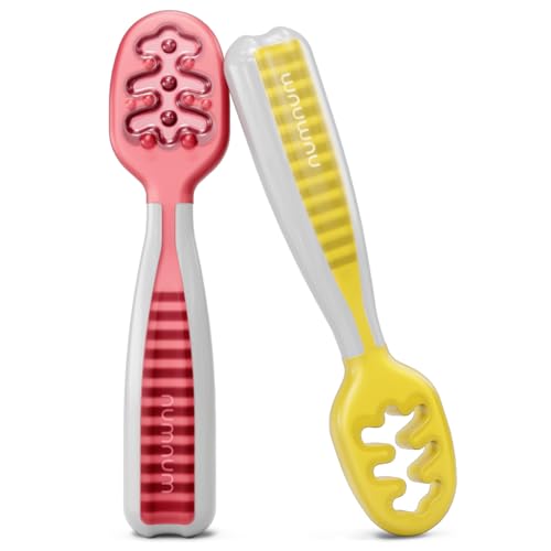 NumNum Baby Spoons Set, Pre-Spoon GOOtensils for Kids Aged 6+ Months - First Stage, Baby Led Weaning (BLW) Teething Spoon - Self Feeding, Silicone Toddler Food Utensils - 2 Spoons, Red/Yellow