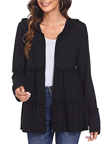 DEESHA Full Zip Up Hoodie for Women Pleated Tiered Ruffle Hooded Sweatshirts Jacket Coat Long Sleeve Black