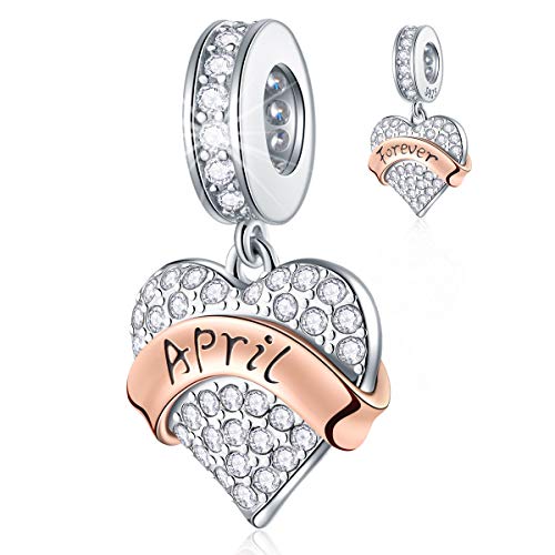 April Birthstone Charms fits Pandora Birthday Bracelet, Sparkling Pave Heart Clear CZ Forever Love Anniversary Pendant in 925 Sterling Silver, Gifts for Easter/Mothers Day/Wedding