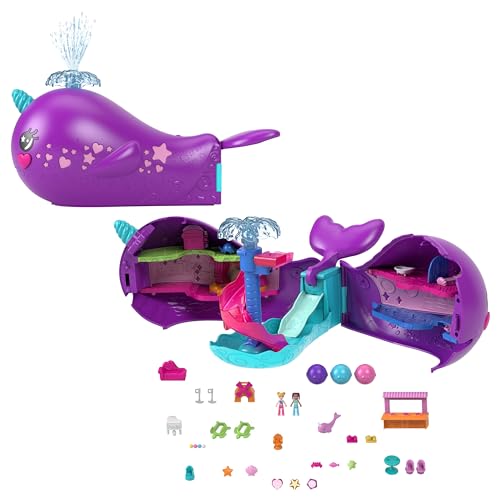Polly Pocket Playset, Animal Toy with 2 Dolls, Surprise Accessories and Water Play, Sparkle Cove Adventure Narwhal Boat