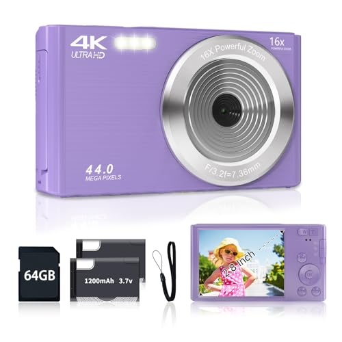 Digital Camera for Teens, FHD 4K 44MP Digital Camera Purple with 64GB SD Card 16X Digital Zoom, Digital Camera Compact Point and Shoot Camera for Teens Boys Kids Camera Digital Purple (Purple)