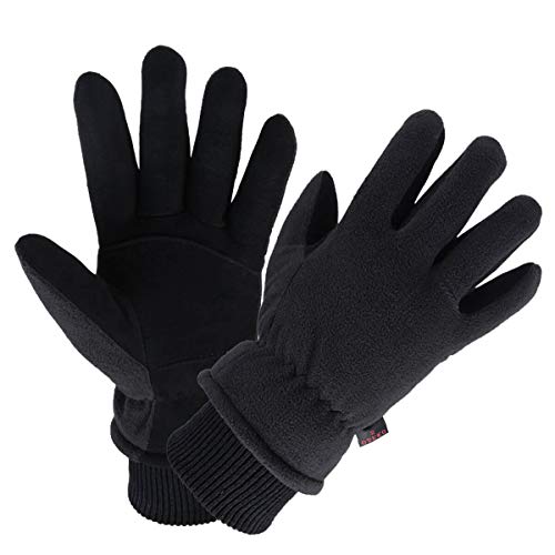 OZERO Ski Gloves Deerskin Leather Winter Thermal Glove Insulated Fleece for Snow Skiing Driving Cycling Hiking Runing Hand Warmer in Cold Weather for Men and Women Medium Black