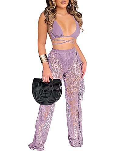 SEMATOMALA Womens Sexy Halter Lace Up Bra Sheer Bikini Ruffle Lace Long Pants Set 2 Piece See Through Swimsuit with Briefs LP-S Light Purple
