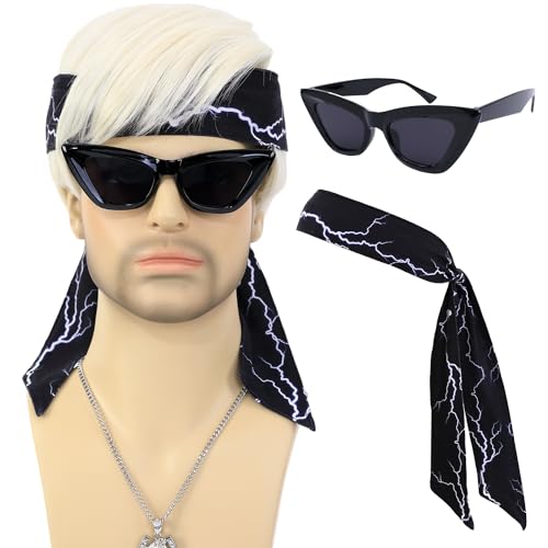 Bettecos Short Blonde Ken Costume Wig for Men with Headbands Necklace and Glasses Men’s Blond Boxer Cosplay Synthetic Hair Wigs for Halloween Party