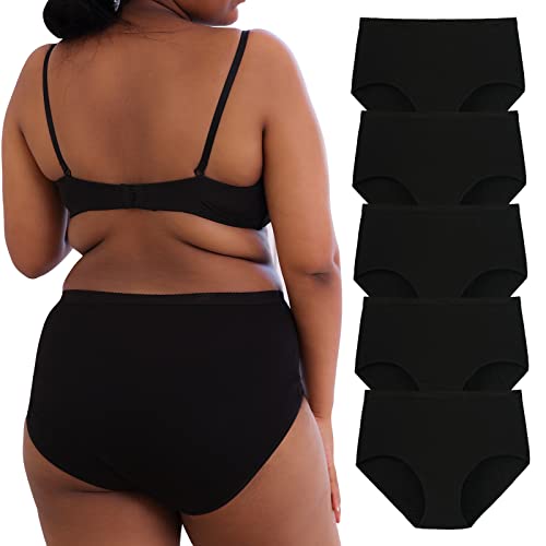 INNERSY Plus Size M-5XL Big Curvy Woman Cotton Underwear High Waist Briefs 5-Pack(Black,3X-Large)