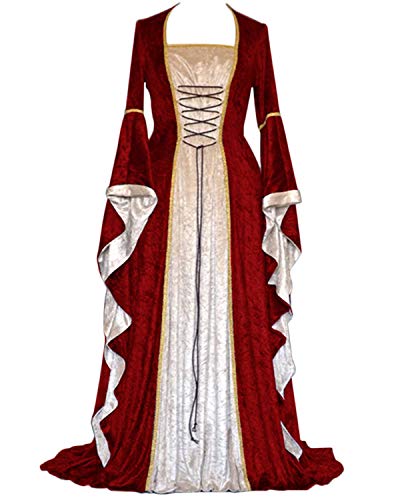 BITSEACOCO Medieval Renaissance Gown Dress for Women, Adjustable Lace up Irish Retro Gown Long Dress Halloween Costumes (Medium, Wine Red)