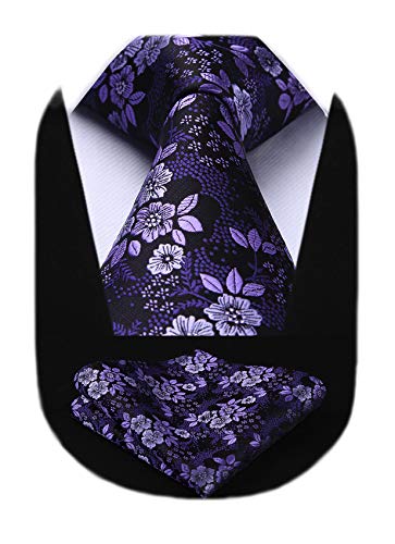 HISDERN Men Purple Floral Ties Woven Classic 3.4' Necktie Set Formal tie Pocket Suqare for Wedding Business with Handkerchief Gift Box