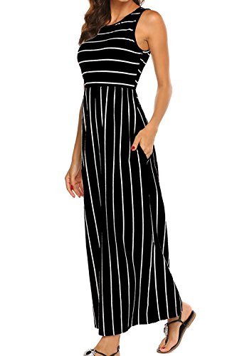 Hount Summer Dresses for Women 2024 Casual Sleeveless Round Neck Striped Tank Maxi Sun Dress with Pockets (Black, Large)