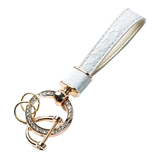 VAGURFO Leather Car Keychain,Key Fob Keychain Holder with 3 Keyrings, Anti-lost D-ring and Bling Metal Clip (White)
