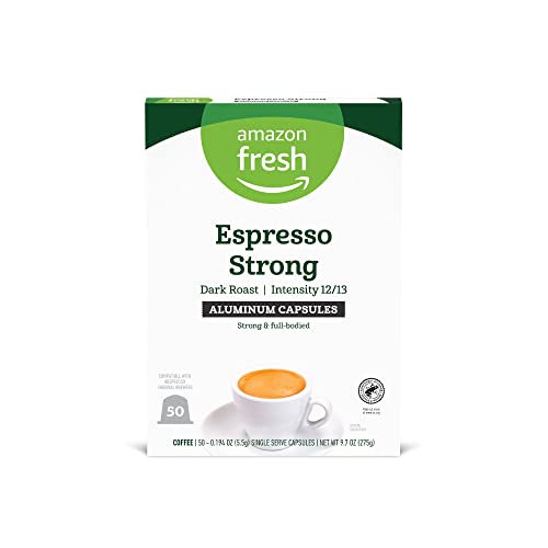 Amazon Fresh Espresso Strong Dark Roast Aluminum Capsules, Compatible with Nespresso Original Brewers, Intensity 12/13, 50 Count (5 Packs of 10)