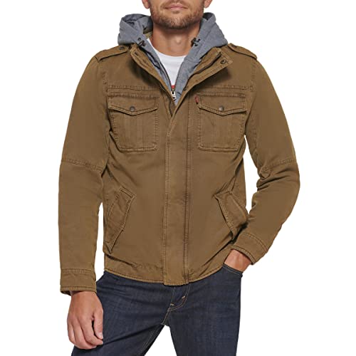 Levi's Men's Washed Cotton Military Jacket with Removable Hood (Standard and Big & Tall), Khaki, Large