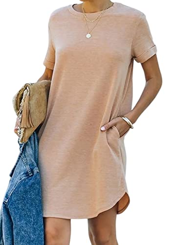 YEXIPO Women's Casual Summer Short Sleeve T Shirt Dress Nightgown Crew Neck Loose Solid Color Basic Dresses with Pockets