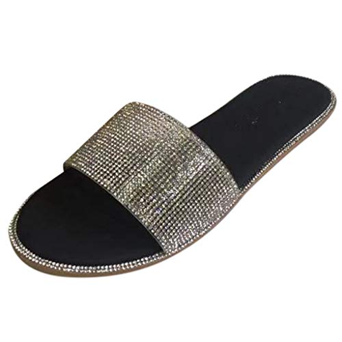 JEUROT Rhinestone Flat Sandals for Women Summer Casual Slip On Slides Sandal Round Open Toe One Band Sparkly Flats Shoes