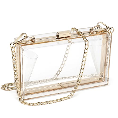 SharPlus Women Cute Clear Purse Acrylic Box Clutch Handbag, Transparent Crossbody Evening Bag Stadium Approved Gold Chain Strap