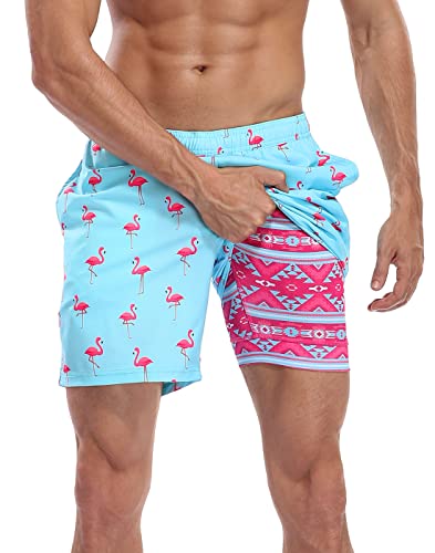 LRD Men's Swim Trunks with Compression Liner 7 Inch Inseam Quick Dry Swim Shorts Party Like a Flock Star/Tribal - L