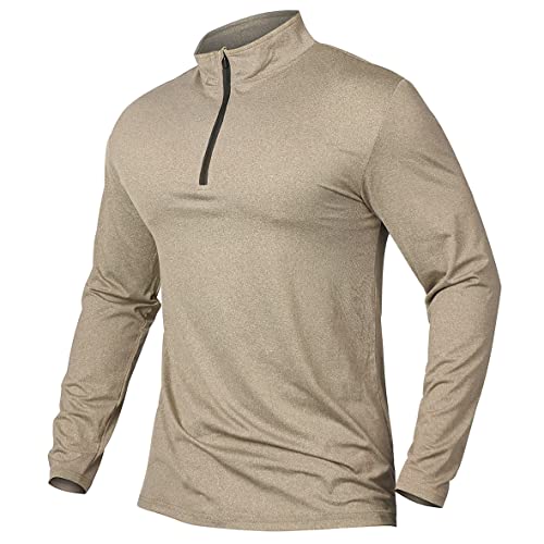 MANSDOUR Men's Active Sports Shirt 1/4 Zip Performance Long Sleeve Workout Running T Shirt Pullover Tops Khaki