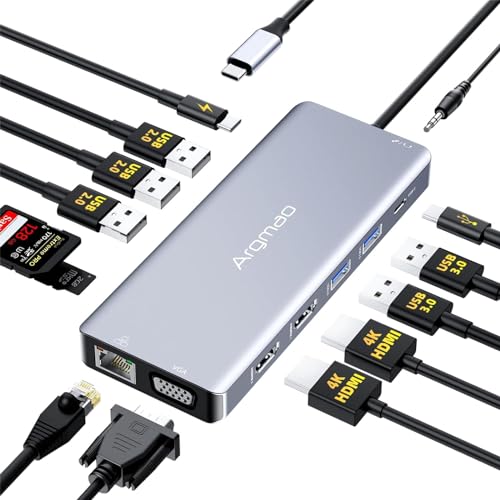 USB C Laptop Docking Station, 14 in 1 Type C Hub with 3 Monitors, Dual HDMI, VGA, PD, Ethernet, SD/TF, USB C/A Ports, Mic/Audio, Multiport Adapter Dongle Compatible for MacBook/Dell/HP/Lenovo Laptops