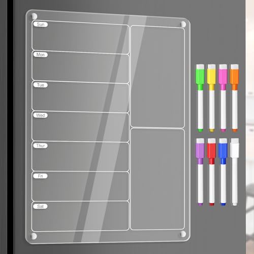 Acrylic Meal Planner Magnetic Menu Board for Kitchen Fridge w/ 8 Markers, Clear Weekly Calendar Planning Board Noteboard Refrigerator Dry Erase Board to Do/Grocery/Shopping List/Chore Chart, 12.8x9’’
