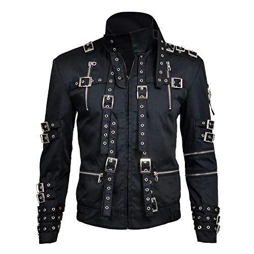 III-Fashions Mens Pop Michael Vintage Bad Biker Belted Concert Cotton Costume Black Jacket