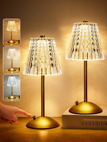 One Fire Nightstand Lamps Set of 2, Dimmable Crystal Table Lamp 3 Colors Gold Lamp,Touch Lamp Bedroom Lamps, Rechargeable Small Lamp, Bedside Lamps Set of 2 for Bedroom Living Room Bathroom Hotel Bar