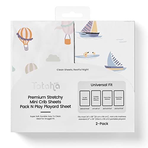 TotAha Premium Stretchy Pack N Play Playard Sheets | Mini Crib Sheets (2-Pack)-Hypoallergenic, Silky Comfort, Buttery Soft, Calming Effect, All-Season Jersey-Knit Sheets 38 X 24 (Balloon & Sailboat)