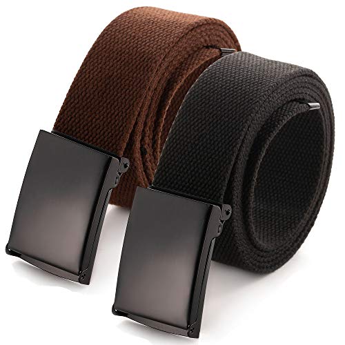 Mile High Life Cut To Fit Canvas Web Belt Size Up to 52' with Flip-Top Solid Black Military Buckle (2 Pack Black/Brown)