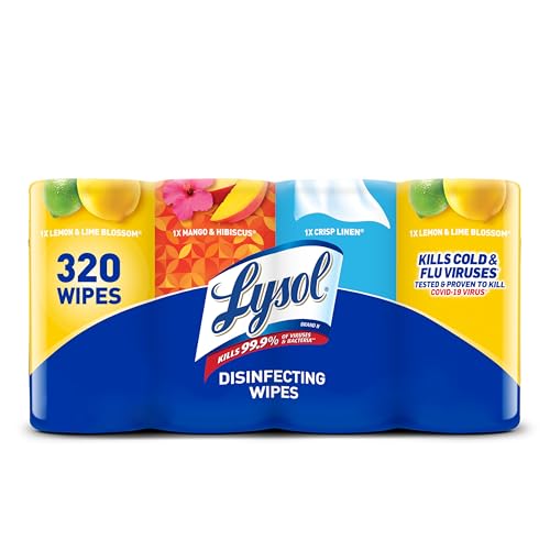 Lysol Disinfectant Wipes Bundle, Multi-Surface Antibacterial Cleaning Wipes, contains x2 Lemon & Lim Blossom, Crisp Linen, Mango & Hibiscus, Pack of 4