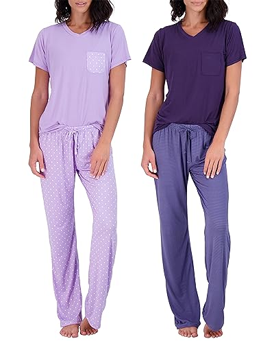 Real Essentials Women’s Pajama Sets Ladies Short Sleeve V-Neck Tops Pants Bottoms Pijama Mujer comfy Soft PJ fashion Sleepwear Lightweight Sleep loungewear Night Wear, Set 2, XXL, Pack of 2
