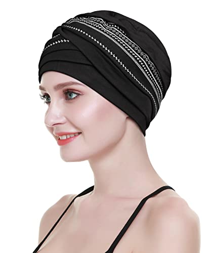 FocusCare Cancer Beanies for Women Slip on Head Alopecia Bamboo Cotton Black Print