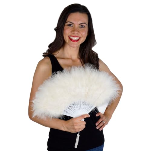 ZUCKER Feathers - Small Marabou Feather Hand Fan - Folding Flapper Fan - Fun Accessory for Dances, Weddings, Halloween, New Year’s Eve, and Parties  - Ivory, 11x20