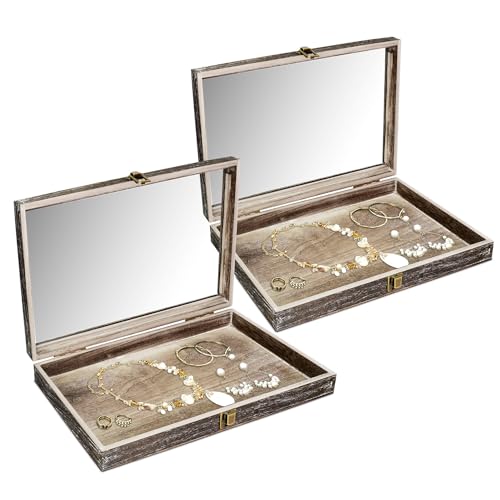 MOOCA 2 Pcs Wood Tempered Glass Top Jewelry Display Case Accessories Storage Box with Metal Clasp, Wooden Jewelry Tray for Collectibles, Pocket Knife Display Case, Coffee Color