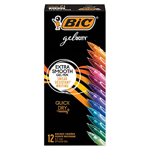 BIC Gelocity Quick Dry Assorted Colors Gel Pens, Medium Point (0.7mm), 12-Count Pack, Retractable Gel Pens With Comfortable Full Grip