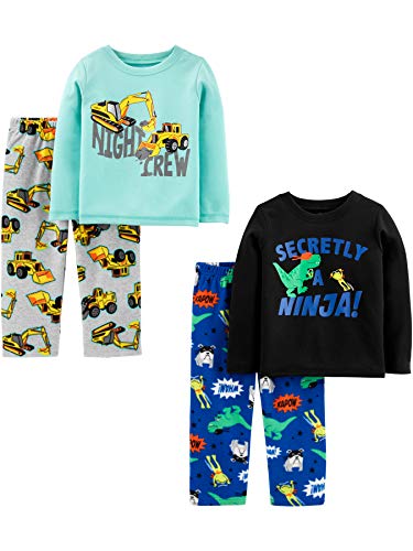 Simple Joys by Carter's Boys' Toddler 4-Piece Pajama Set (Cotton Top & Fleece Bottom), Aqua Blue Trucks/Black Dinosuar/Cobalt Blue/Grey Construction, 4T