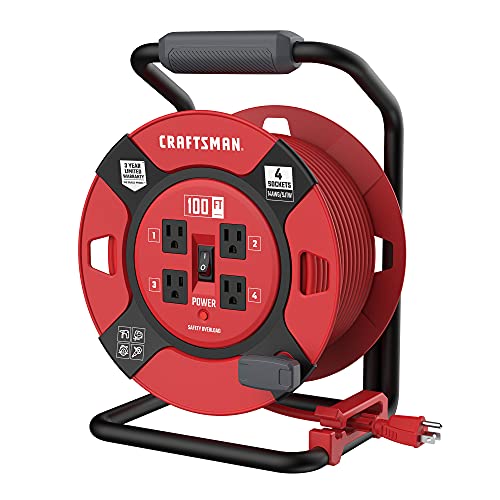 CRAFTSMAN 100 Ft. Retractable Extension Cord Reel With 4 Outlets & Heavy Duty 14AWG SJTW Cable