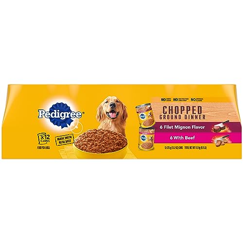 PEDIGREE CHOPPED GROUND DINNER Adult Canned Soft Wet Dog Food Variety Pack, Filet Mignon Flavor and With Beef, 13.2 oz. Cans (Pack of 12)