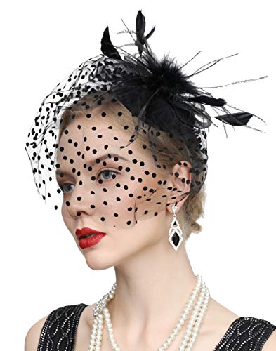 Cizoe Fascinator Hair Clip Pillbox Hat Bowler Feather Flower Veil Wedding Party Hat Tea Hat(2-Black)