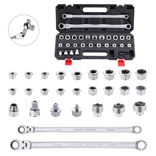 AKM TOOL 27 PC Flex Head Ratcheting Wrench Set, Metric | 72-Tooth | 8-22mm | Extra Long Double Box End Ratchet Wrench Flex Head Wrench Set