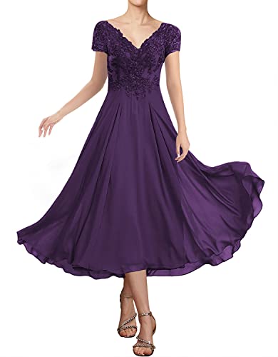 Mother of The Bride Dresses Tea Length Formal Evening Gowns V Neck Eggplant