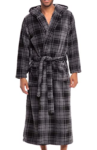 Alexander Del Rossa Men’s Robe, Plush Fleece Hooded Bathrobe with Pockets, Gray Plaid, 5X-6X (A0125R406X)