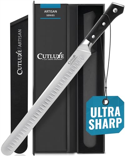 Cutluxe Slicing Carving Knife – 12' Brisket Knife, Father's Day Gift Knife for BBQ and Meat Cutting – Razor Sharp German Steel, Sheath Included, Full Tang, Ergonomic Handle Design – Artisan Series