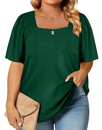 Eytino Womens Plus Size Tshirts Summer Square Neck Puff Sleeve Loose Casual Blouse Tops,2X Green